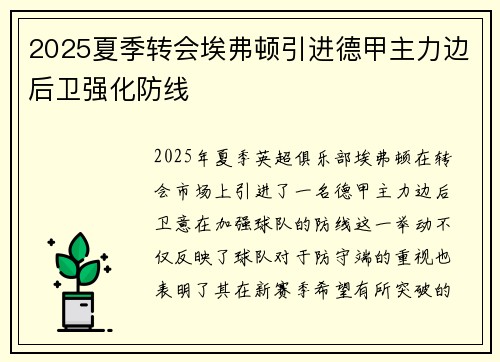 2025夏季转会埃弗顿引进德甲主力边后卫强化防线