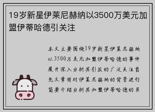 19岁新星伊莱尼赫纳以3500万美元加盟伊蒂哈德引关注