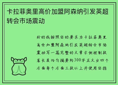 卡拉菲奥里高价加盟阿森纳引发英超转会市场震动 卡拉菲奥里高价加盟阿森纳引发英超转会市场震动