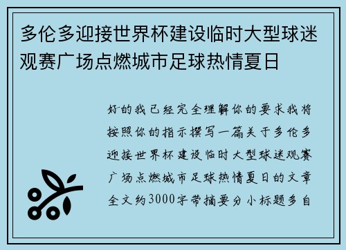 多伦多迎接世界杯建设临时大型球迷观赛广场点燃城市足球热情夏日